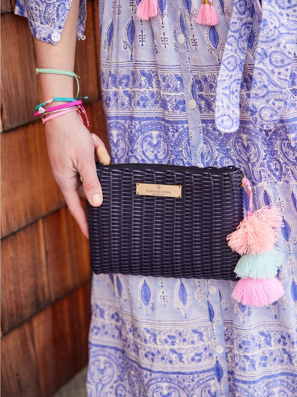 Squeeze the Citron Woven Black Clutch with Pink, Mint & Coral Tassels -